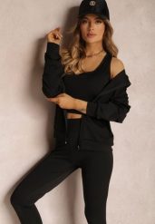 Czarny Komplet Dresowy 3-częściowy z Legginsami Bluzą i Topem Heri. Czarne bluzy damskie Renee, l, bez wzorów, z dresówki, sportowe, bez ramiączek, z kapturem. Za 79.99 zł.