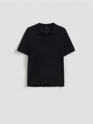Sweter polo z domieszką lnu - czarny. Czarne swetry męskie Reserved, l, bez wzorów, z wiskozy, bez kołnierzyka, bez ramiączek. Za 129.99 zł.