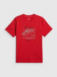 4F T-shirt regular z nadrukiem męski - czerwony M. Czerwone t-shirty męskie 4F, m, bez wzorów, z materiału, bez kołnierzyka, bez ramiączek. Za 69.99 zł.