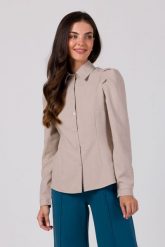 Stylowa Koszula z Zakładkami na Ramionach - Beżowa. Brązowe koszule damskie MOE, l, bez wzorów, z materiału, eleganckie, bez kołnierzyka, bez ramiączek. Za 276.90 zł.