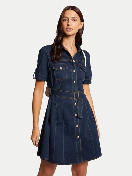 Morgan Sukienka jeansowa 241-RIXES Granatowy Regular Fit. Niebieskie sukienki damskie Morgan, bez wzorów, z bawełny, bez kołnierzyka, bez ramiączek. Za 239.99 zł.