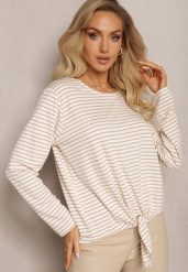 Beżowa Bawełniana Bluzka z Wiązaniem na Dole Bettine. Brązowe bluzki damskie Renee, bez wzorów, z bawełny, klasyczne, bez kołnierzyka, bez ramiączek. Za 59.99 zł.