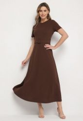Brązowa Rozkloszowana Sukienka Ozdobiona Paskiem Desianna. Brązowe sukienki damskie Born2be, na co dzień, m, bez wzorów, eleganckie, bez kołnierzyka, bez ramiączek, maxi, rozkloszowane. Za 89.99 zł.