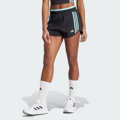 Szorty Own the Run 3-Stripes. Czarne szorty damskie Adidas, bez wzorów, z materiału, sportowe. W wyprzedaży za 190.80 zł.