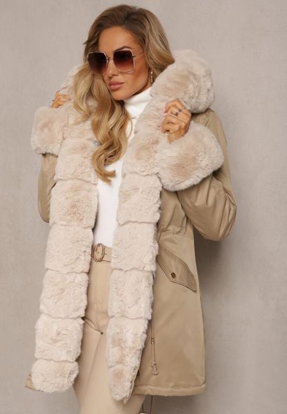 Beżowa Kurtka Parka z Paskiem w Talii i Kapturem z Futerkiem Hizontia. Brązowe kurtki damskie Renee, l, bez wzorów, z jeansu. Za 269.99 zł.