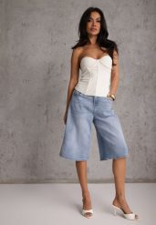 Niebieskie Szorty Jeansowe Bawełnine w Typie Jorts o Szerokim Kroju Savatai. Niebieskie szorty damskie Renee, bez wzorów, z jeansu, eleganckie. Za 89.99 zł.