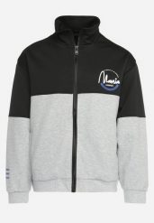 Czarno-Szara Kurtka Dresowa z Wysokim Kołnierzem i Nadrukiem Lwanes. Czarne kurtki sportowe męskie Born2be, l, bez wzorów, z dresówki, bez kaptura. Za 139.99 zł.