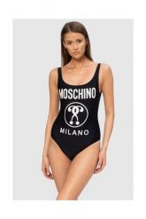 MOSCHINO Czarny strój kąpielowy z białym logo. Czarne stroje kąpielowe damskie MOSCHINO, s, bez wzorów, z poliamidu. W wyprzedaży za 429.99 zł.