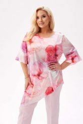Elegancka tunika Liliana z asymetrycznym krojem w kwiaty w odcieniach bieli i różu PLUS SIZE XXL. Czerwone tuniki damskie Moda Size Plus Iwanek, plus size, bez wzorów, z elastanu, eleganckie, plus size, bez ramiączek. Za 239.90 zł.