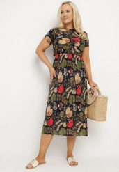 Granatowa Rozkloszowana Sukienka z Gumką w Talii we Wzór Pawich Oczek Duilla. Niebieskie sukienki damskie Born2be, na lato, plus size, bez wzorów, bez kołnierzyka, plus size, bez ramiączek, midi, rozkloszowane. Za 39.99 zł.