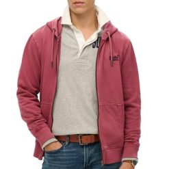 Rozpinany, wyblakły hoodie z logo Superdry Essential. Brązowe bluzy sportowe męskie Superdry, m, bez wzorów, z kapturem. Za 376.80 zł.