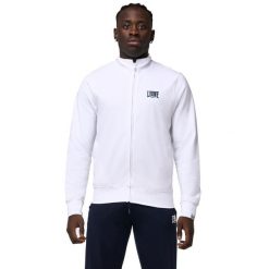 Bluza z zamek błyskawiczny na siłownia na czas wolny. Białe bluzy męskie LEONE 1947 APPAREL, bez wzorów, z bawełny, sportowe, bez ramiączek, bez kaptura. W wyprzedaży za 181.87 zł.