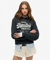 Luźna bluza z kapturem metalicznym Vl. Czarne bluzy damskie Superdry, m, bez wzorów, z bawełny, bez ramiączek, z kapturem. Za 297.70 zł.