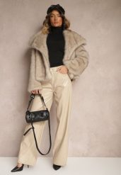 Beżowe Szerokie Spodnie High Waist z Imitacji Skóry Enawinn. Brązowe spodnie materiałowe damskie Renee, bez wzorów, z jeansu, eleganckie, z podwyższonym stanem. Za 74.99 zł.