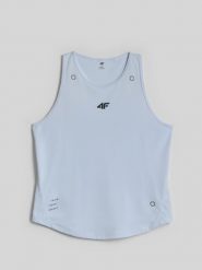 4F Top treningowy regular szybkoschnący damski - niebieski L. Niebieskie koszulki sportowe damskie 4F, l, bez wzorów, bez ramiączek, na fitness i siłownię. Za 99.99 zł.