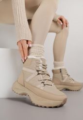 Ciemnobeżowe Śniegowce na Grubej Podeszwie z Geometrycznym Wzorem Alwedea. Brązowe śniegowce damskie Born2be, z jeansu, bez zapięcia. Za 119.99 zł.