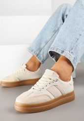 Beżowe Sneakersy Tenisówki Ozdobione Paskami Falaviela. Brązowe trampki i tenisówki damskie Renee, bez wzorów, z jeansu, bez zapięcia. Za 89.99 zł.