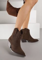 Ciemnobrązowe Botki Typu Kowbojki na Stożku ze Skóry Naturalnej Clearfeather. Brązowe botki damskie Renee, bez wzorów, z jeansu, klasyczne, bez obcasa, na obcasie, bez zapięcia. Za 189.99 zł.