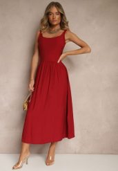 Bordowa Rozkloszowana Sukienka z Wiskozy Milunisa. Czerwone sukienki damskie Renee, na co dzień, m, bez wzorów, z jeansu, eleganckie, bez kołnierzyka, bez ramiączek, maxi, rozkloszowane. Za 89.99 zł.