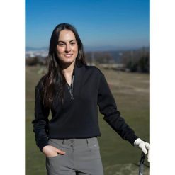 Damski golfowy sweter Swinley – Miękki, elastyczny, szybkoschnący half-zip. Czarne swetry nierozpinane damskie FLAIRWAY GOLF, bez wzorów, z tkaniny, eleganckie, bez kołnierzyka, bez ramiączek. Za 362.00 zł.