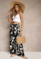 Czarne Szerokie Spodnie High Waist z Wiskozy Zdobione Abstrakcyjnym Printem Zileira. Czarne spodnie materiałowe damskie Renee, z aplikacjami, z jeansu, eleganckie, z podwyższonym stanem. Za 49.99 zł.