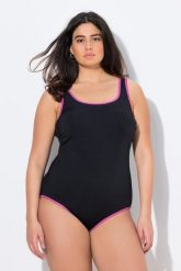 Damskie Strój kąpielowy kolorowe wypustki bez miękkich miseczek okrągły dekolt. Czarne stroje kąpielowe damskie Ulla Popken, plus size, bez wzorów, z elastanu. Za 159.99 zł.