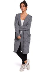 Długi sweter kardigan z kapturem kieszeniami szary. Szare kardigany damskie Polskie swetry, l, bez wzorów, z jeansu, eleganckie, bez kołnierzyka. Za 309.00 zł.