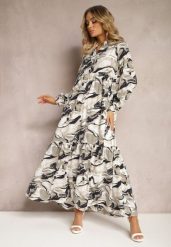 Biała Sukienka o Rozkloszowanym Fasonie w Abstrakcyjny Print Aganotha. Białe sukienki damskie Renee, na spotkanie biznesowe, l, z aplikacjami, eleganckie, bez kołnierzyka, bez ramiączek, maxi, rozkloszowane. Za 129.99 zł.
