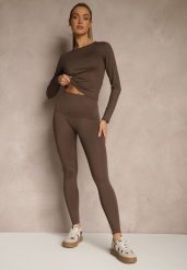 Brązowy Komplet Sportowy Legginsy i Top Typu Longsleeve Dorotia. Brązowe legginsy damskie Renee, m, bez wzorów, długie, trekkingowe. Za 109.99 zł.