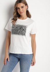 Biały T-shirt z Bawełny o Kroju Oversize z Nadrukiem z Zebrą Naliviel. Białe t-shirty damskie Born2be, m, bez wzorów, z bawełny, eleganckie, bez kołnierzyka, bez ramiączek. Za 34.99 zł.