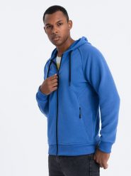 Bluza męska rozpinana z kapturem - niebieska V8 OM-SSZP-0124 - XXL. Niebieskie bluzy męskie Ombre Clothing, m, bez wzorów, z bawełny, z kapturem. W wyprzedaży za 59.99 zł.