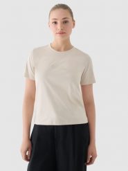 4F T-shirt regular z nadrukiem damski - beżowy XXL. Brązowe t-shirty damskie 4F, xs, bez wzorów, z bawełny, klasyczne, bez kołnierzyka, bez ramiączek. W wyprzedaży za 29.99 zł.