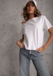 Biały Casualowy T-shirt z Bawełny Nealiara. Białe t-shirty damskie Renee, m, z aplikacjami, z bawełny, bez kołnierzyka, bez ramiączek. Za 74.99 zł.