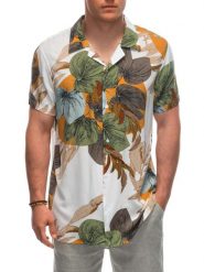 Wiskozowa wzorzysta męska koszula z krótkim rękawem OM-SHPS-0113 - biała/kremowa V6 - XXL. Białe koszule męskie Ombre Clothing, l, bez wzorów, z materiału, klasyczne, bez kołnierzyka, bez ramiączek. W wyprzedaży za 69.99 zł.