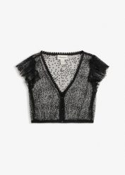Bluzka w ludowym stylu. Czarne bluzki damskie bonprix, bez wzorów, z tiulu, bez kołnierzyka, bez ramiączek. Za 117.99 zł.