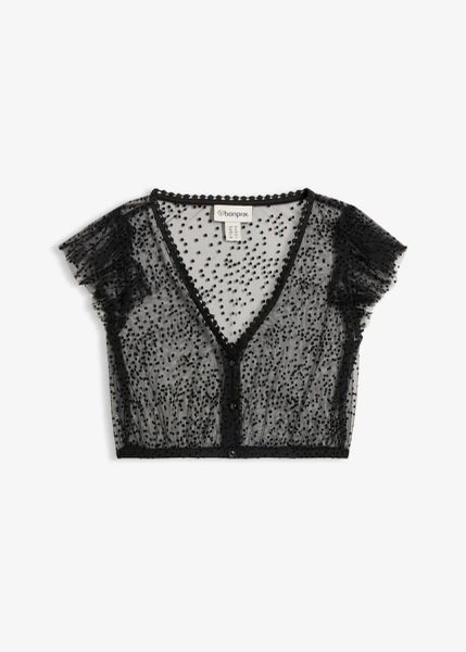 Bluzka w ludowym stylu. Czarne bluzki damskie bonprix, bez wzorów, z tiulu, bez kołnierzyka, bez ramiączek. Za 119.99 zł.