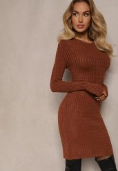 Brązowa Mini Sukienka z Dzianinowego Materiału o Prążkowanej Fakturze i Dopasowanym Kroju Theresia. Brązowe sukienki damskie Renee, bez wzorów, z bawełny, bez kołnierzyka, bez ramiączek, mini, dopasowane. Za 69.99 zł.