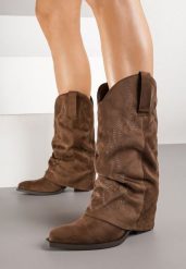 Brązowe Botki Kowbojki z Cholewką Imitującą Nogawkę Zellaxie. Brązowe botki damskie Renee, z aplikacjami, z jeansu, boho, bez obcasa, na obcasie, bez zapięcia. Za 139.99 zł.