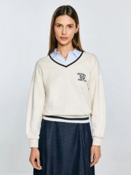 Bluza damska w stylu college z haftem z dekoltem v-neck kremowa Gabriella 103. Białe bluzy damskie BIG STAR, l, bez wzorów, z denimu, sportowe, bez ramiączek, bez kaptura. Za 199.99 zł.