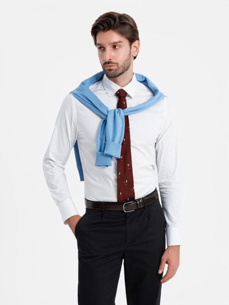 Bawełniana koszula męska w mikro wzór REGULAR FIT - biała V1 - Rozmiar: S. Białe koszule męskie Ombre Clothing, m, bez wzorów, z bawełny, klasyczne, bez kołnierzyka, bez ramiączek. W wyprzedaży za 69.99 zł.