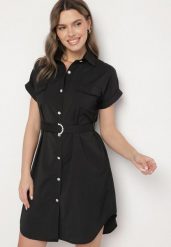 Czarna Sukienka Koszulowa z Bawełną z Ozdobnym Paskiem i Kieszeniami Efrissa. Czarne sukienki damskie Born2be, na spotkanie biznesowe, xl, bez wzorów, z bawełny, eleganckie, bez kołnierzyka, bez ramiączek, midi, koszulowe. Za 89.99 zł.
