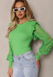 Zielony Sweter z Koronką i Bufiastym Rękawem Yuntus. Zielone swetry nierozpinane damskie Renee, bez wzorów, z dzianiny, boho, bez kołnierzyka, bez ramiączek. Za 59.99 zł.