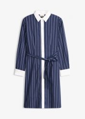 Sukienka koszulowa. Niebieskie sukienki damskie bonprix, bez wzorów, z bawełny, bez kołnierzyka, bez ramiączek, koszulowe. Za 159.99 zł.