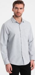 Ombre Koszula męska z kieszenią REGULAR FIT - jasnoszary melanż V2 OM-SHCS-0148 XL. Szare koszule męskie Ombre, m, bez wzorów, bez kołnierzyka, bez ramiączek. Za 139.99 zł.