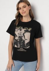 Czarny T-shirt z Bawełny Ozdobiony Nadrukiem i Brokatem Marionel. Czarne t-shirty damskie Born2be, m, z aplikacjami, z bawełny, eleganckie, bez kołnierzyka, bez ramiączek. Za 34.99 zł.