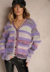 Fioletowy Rozpinany Kardigan z Wiskozą i Wełną w Paski Esamara. Fioletowe kardigany damskie Renee, bez wzorów, z jeansu, eleganckie, bez kołnierzyka. Za 59.99 zł.