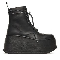 Botki NEW ROCK. Czarne botki damskie NEW ROCK, bez wzorów, rockowe, bez obcasa, na koturnie, bez zapięcia. Za 1,269.00 zł.