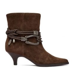 Botki Badura. Brązowe botki damskie Badura, bez wzorów, bez obcasa, na słupku, bez zapięcia. Za 499.99 zł.