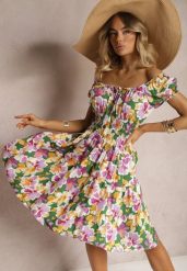 Zielono-Różowa Taliowana Sukienka z Bawełny Wykończona Gumką w Talii i Guzikami Nelianne. Zielone sukienki damskie Renee, na imprezę, m, bez wzorów, z bawełny, eleganckie, bez kołnierzyka, bez ramiączek, midi, kopertowe. Za 39.99 zł.