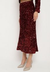 Bordowa Koktajlowa Spódnica Ozdobiona Cekinami i Gumką w Pasie Beriyana. Czerwone spódnice damskie Born2be, na co dzień, l, bez wzorów, eleganckie, midi, proste. Za 149.99 zł.